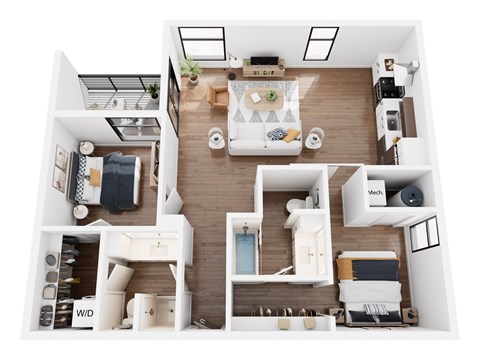 A top-down view of a small apartment with a kitchen, living room, and bathroom.